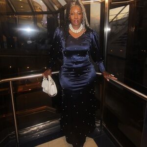 Elegant Navy Blue Satin Gown with Pearl Accents, V neck and Puff sleeve